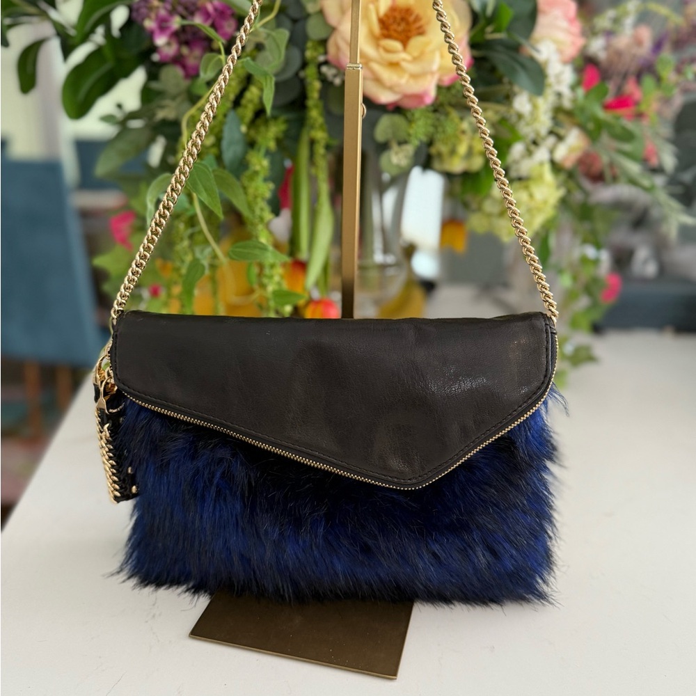 Henri Bendel Foldover Clutch / Shoulder Black Calf w/blue fur Bag ~ EUC & Rare - Picture 1 of 16